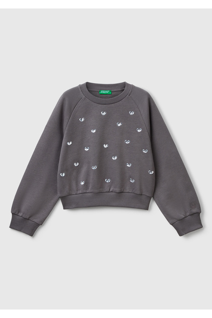 Kız Çocuk Antrasit Önü Taş Detaylı Ribanalı Bisiklet Yaka Sweatshirt