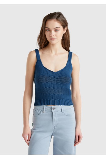 Women's Denim 100% Cotton Stripe Effect Knitted Relax Fit V-Neck Knitwear Undershirt