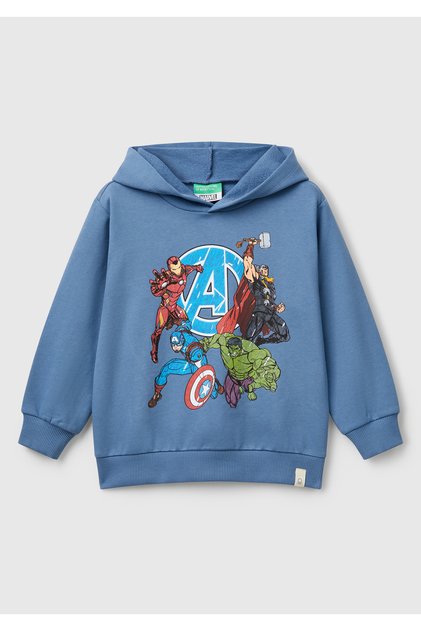 Boy's Aviator Blue Marvel Hero Printed Label Logo Hooded Sweatshirt