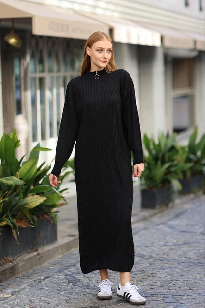 Women's Black Zippered Collar Ribbed Knitwear Dress HZL24W-BD1102271
