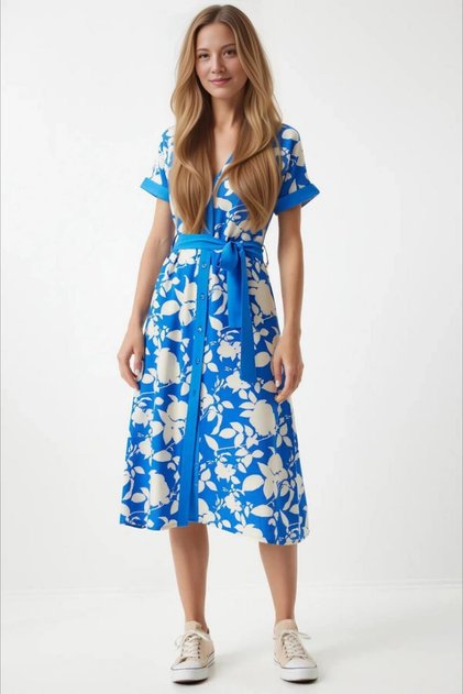 Women's Blue Cream Belted Floral Pattern Buttoned Summer Viscose Dress Hzl24S-Bd124551