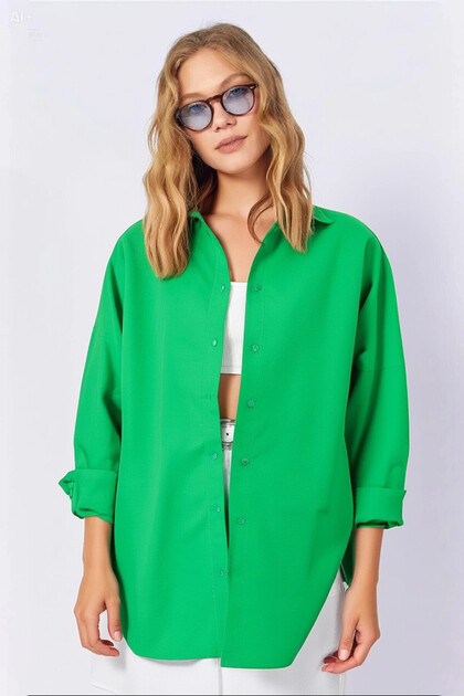 Women's Dark Green Oversize Long Basic Shirt Hzl22W-Bd139001