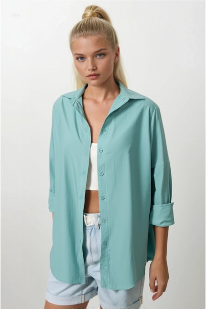 Women's Aqua Green Oversize Long Basic Shirt Hzl22W-Bd139001