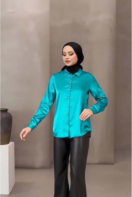 Women's Green Satin Surface Hijab Shirt Hzl25W-Bd 139641