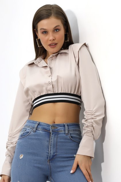 Women's Beige Long Sleeve Crop Detailed Poplin Shirt Hzl23W-Dsb110091