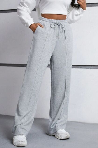 Gray High Waist Striped Wide Leg Seasonal Two Thread Lace Up Sweatpants