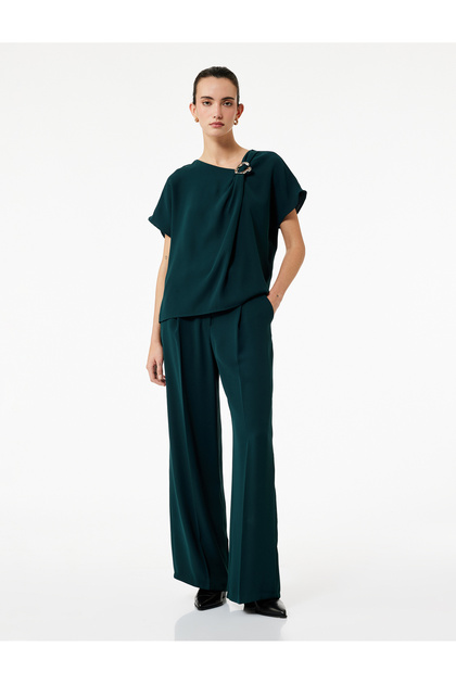 Crepe Fabric Short Watermelon Sleeve Accessory Detailed Asymmetrical Neckline Blouse