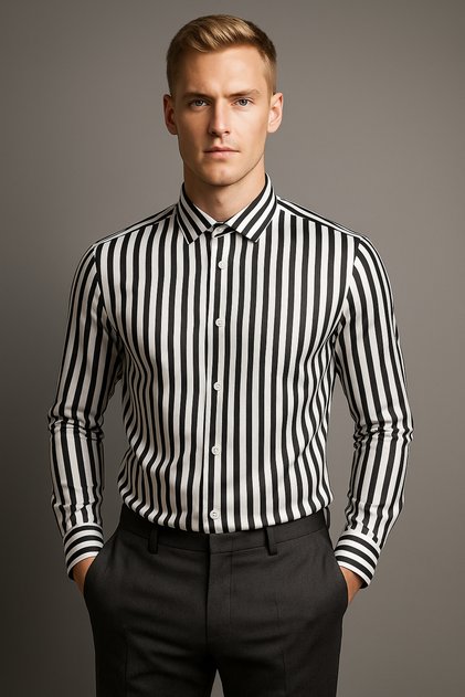 Erkek Siyah Beyaz Çizgili Pamuk Saten Casual Kolay Ütülenebilir Modern Fit Uzun Kollu Cepsiz Gömlek