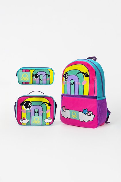 Rainbow Patterned Triple School Bag Set (Elementary School Backpack, Double Compartment Pencil Case, Lunch Bag)