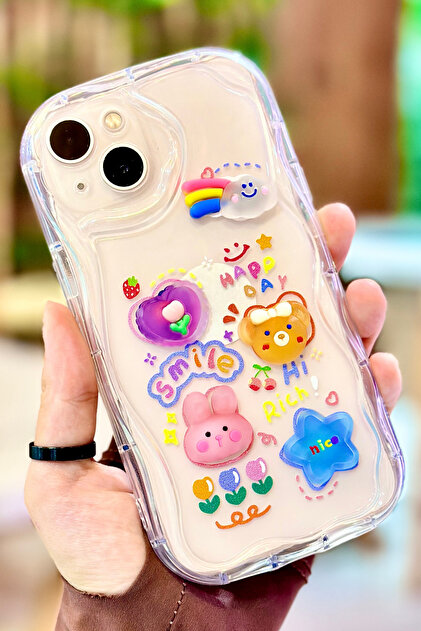 hiiefamiliar × adew iPhone 13 スマホケース Vip Case iPhone 13 Sevimli Hayvan Figürlü 3 Boyutlu Şeffaf Smile