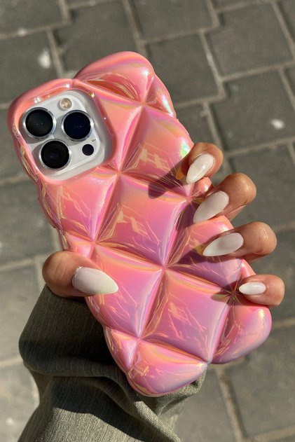 iPhone 14 Pro Max Compatible Embossed Patterned 3D Shock Absorbing Ultra Sturdy Pufy Case Pink