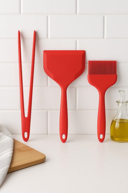 3-Piece Silicone Kitchen Set – Tongs + Spatula + Brush | Heat Resistant, Non-Stick, Easy to Clean