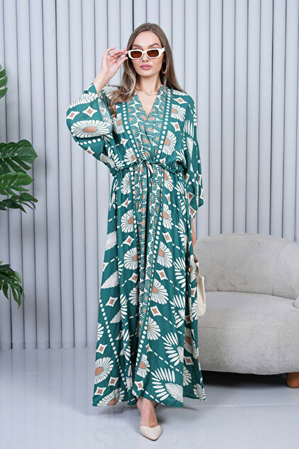 Women's Green Ethnic Authentic Patterned Balloon Sleeve Loose Oversize Long Dress
