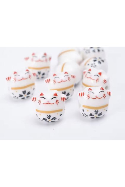3Pcs White Maneki Neko Lucky Cat Ceramic Beads Jewelry Ornament Bead