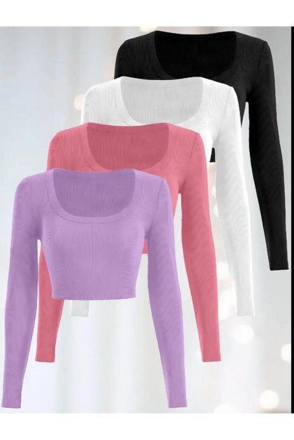 Kadın 4'Lü Paket Pamuklu Vücudu saran fitilli kumaş KARE YAKA UZUN KOLLU crop bluz