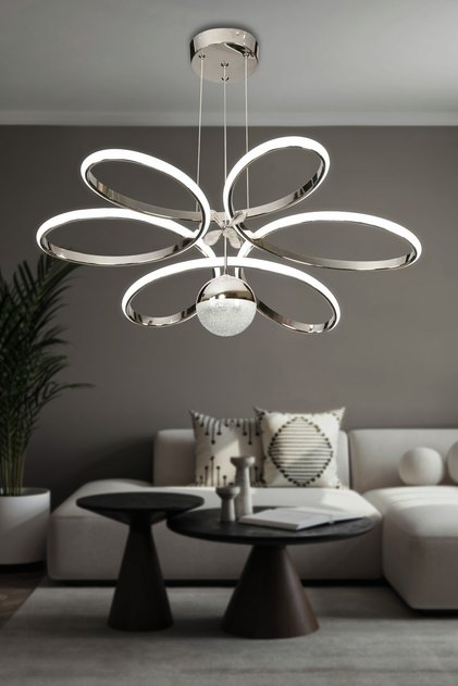 Papatya Toplu Modern Sarkıt Led Avize Kumandalı Krom