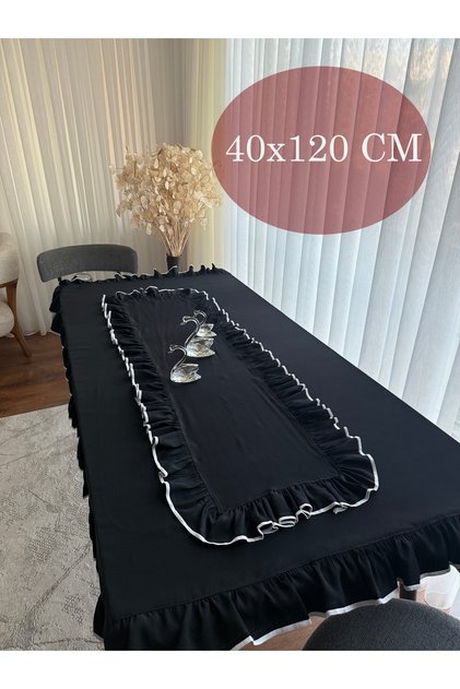 Siyah Renk Runner Biyeli Görünümlü 40x120 cm Fırfırlı Lüx Runner