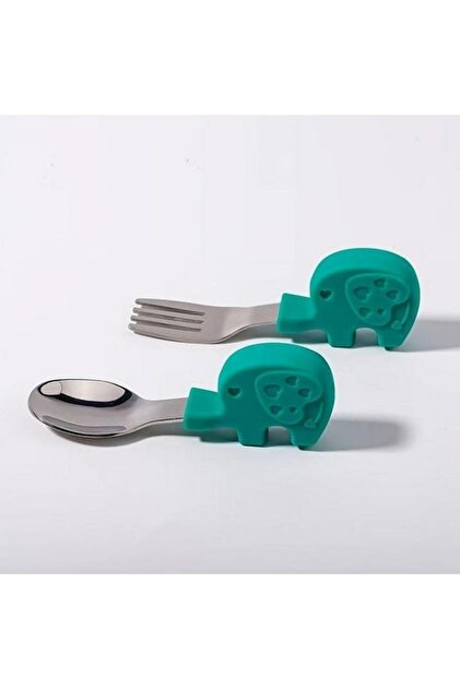 Baby Elephant Food Short Handle Children's Stainless Steel Fork Spoon Green