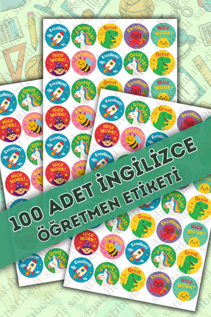 100 Adet İngilizce Öğretmen Etiketi - Okul Karne Ödev için Öğrenci Motivasyon Sticker (3x3 cm)