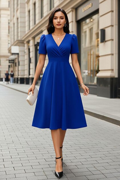 vintage a line cocktail dress A-Line V-Neck Short Sleeve Pleated Tea Length L Space: Windsor Dress summer holiday Pair it with your Color:turquoise
