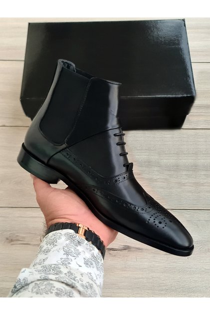 Black Khaki Leather Classic Toe Men's Boots