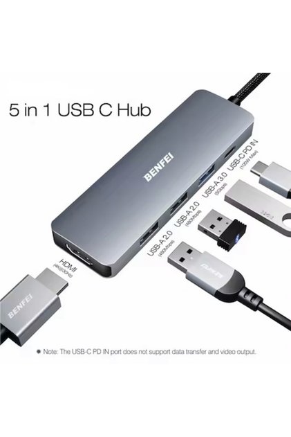 Hub USB-C 5 in 1 cu 4K HDMI, 3 porturi USB-A, Incarcare 100W, Cablu Impletit din Silicon, Carcasa di