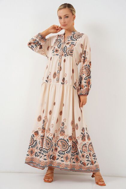 Bdart Buttoned V-Neck Patterned Maxi Dress