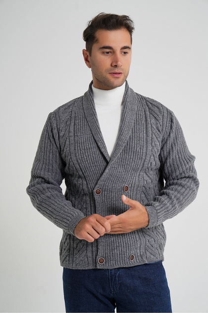 Trist Star Erkek Koyu Gri Şal Yaka Altı Düğmeli Kruvaze Yün Ceket