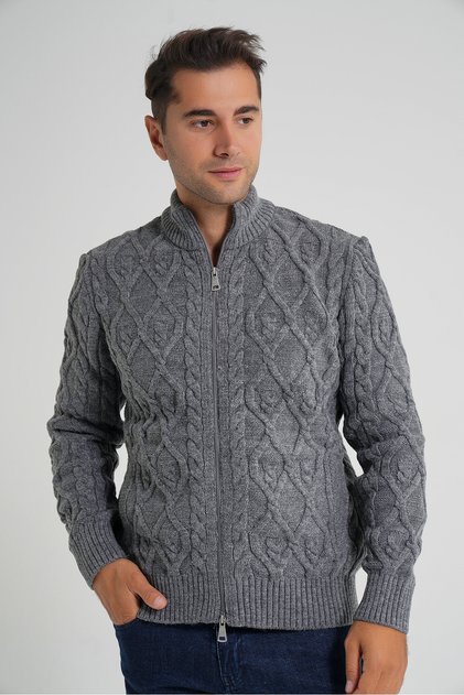 Men's Dark Gray Pocket Zippered Walking Hair Braided Wool Cardigan Trist-5355