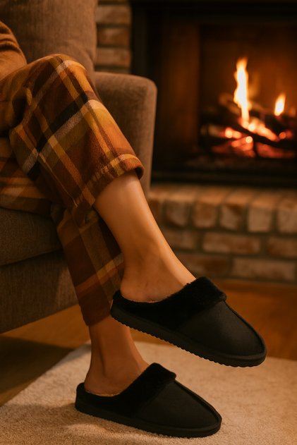Women's Black Plush Suede House Slippers Byndmtf01