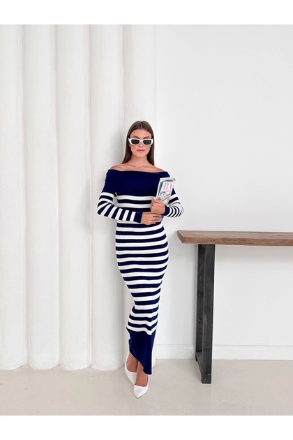 Women's Navy Blue Madonna Boat Neck Flexible Midi Length Knitwear Dress