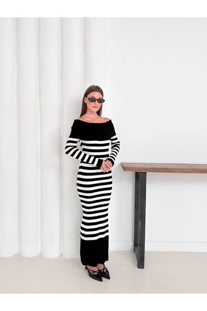 Women's Black Striped Madonna Boat Neck Flexible Long Sleeve Midi Length Knitwear Dress