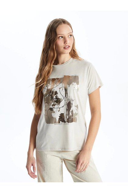Lcw Vision Gray Crew Neck Printed Short Sleeve Women's T-Shirt