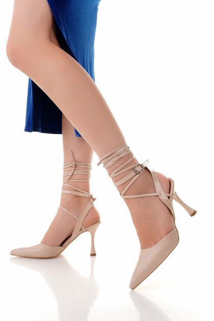Nude Patent Leather Drawstring Buckle Pointed Heeled Shoes