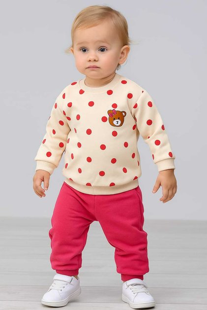 Baby & Kids Long Sleeve Polka Dot Teddy Bear Printed Seasonal Top and Bottom Set Gift