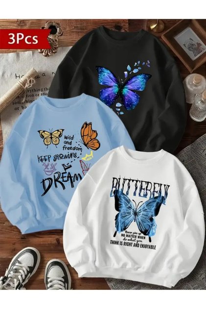 Kız Çocuk 3'lü Paket Kelebekler Baskılı Bisiklet Yaka Sweatshirt (BebeMavi-Siyah-Beyaz)