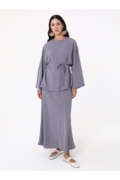 Tunic Skirt Double Set with Tie Detail at the Waist - Gray -