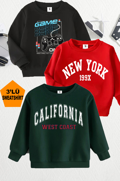 Game and California Printed 3-Pack Unisex Red-Black-Green Kids Sweatshirt