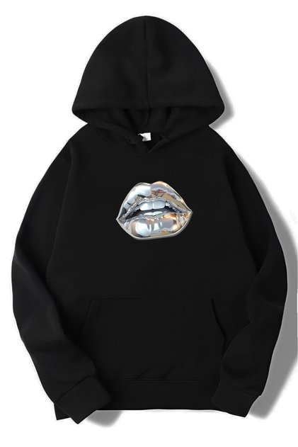 Unisex Oversize Silver Lip Gümüş Dudak Hoodie Siyah