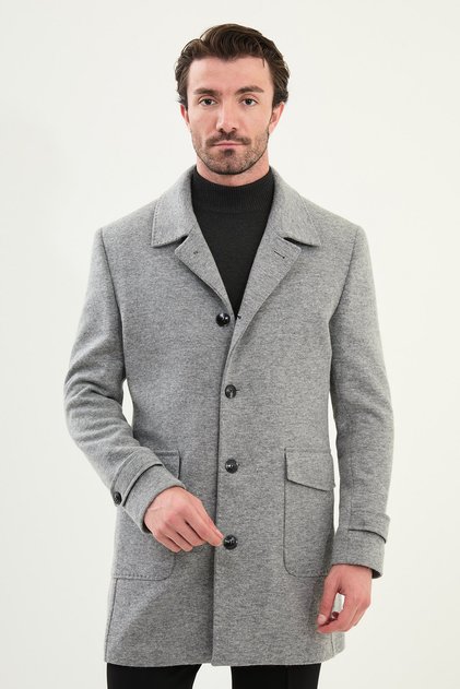Düz Slim Fit Torba Cep Geniş Yaka Yün Erkek Kaban Gri - 21323.25K