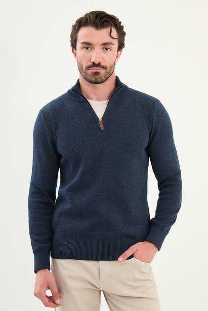 Gray Slim Fit Zippered Half Turtleneck Men's Knitwear Sweater Navy Blue - 11548.25K