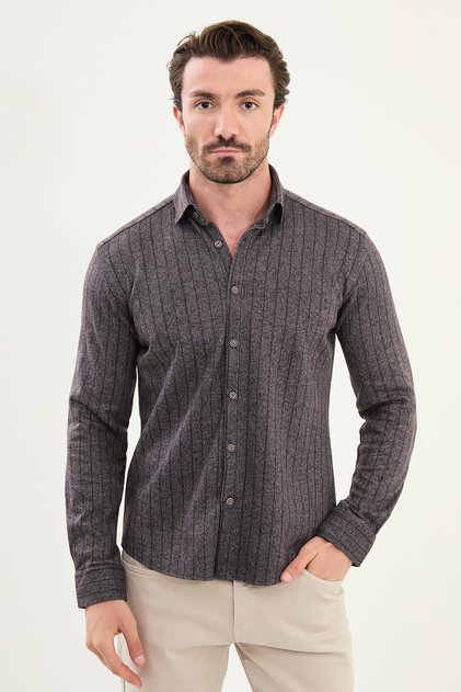 Cămăși pentru bărbați din lână lemnar cu mâneci lungi, slim fit, cu dungi maro - 27099.25K