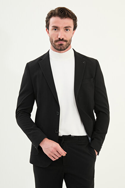 Çizgili Slim Fit Torba Cep Mono Yaka Erkek Ceket Siyah - 41463.25K