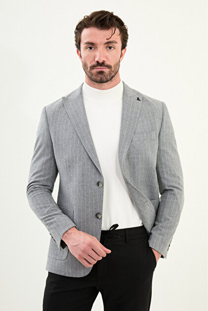 Striped Slim Fit Bag Pocket Wide Collar Wool Men's Jacket Gray - 41466.25K