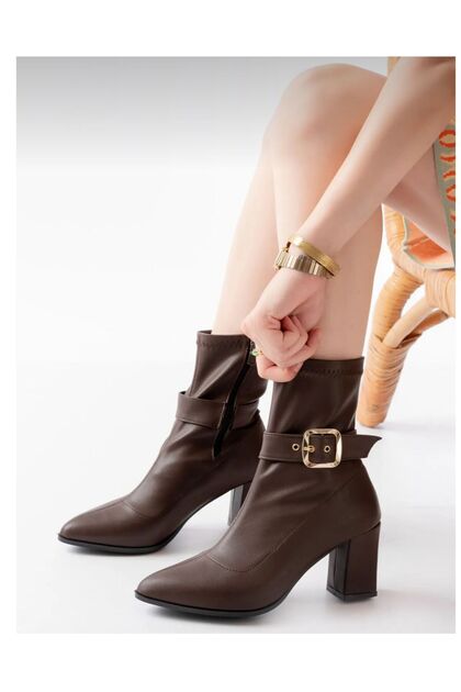 Gold Buckle Stretch Heeled Boots