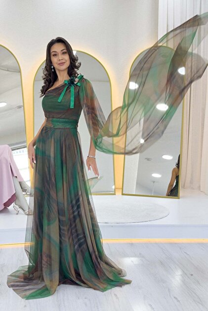 zks grup tekstil Batik Patterned One Shoulder Tulle Detailed Evening Dress  Purple, Orange, Green- Trendyol