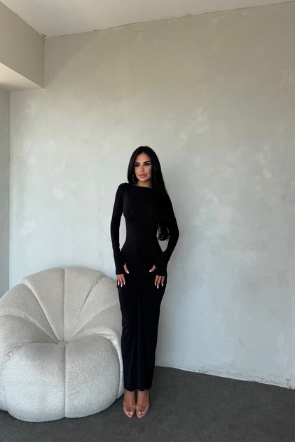 Kayık Yaka Önü Büzgülü Özel Tasarım Yazlık Elbise