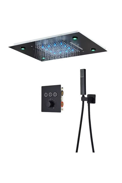 Sistem de duș, încorporat cu termostat, funcție SPA și LED, negru mat, duș de tavan 35x49 cm