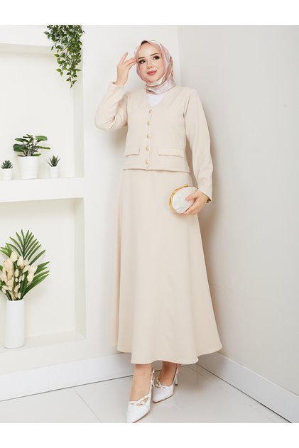 Women's Ornamental Pocketed Buttoned Skirt Set