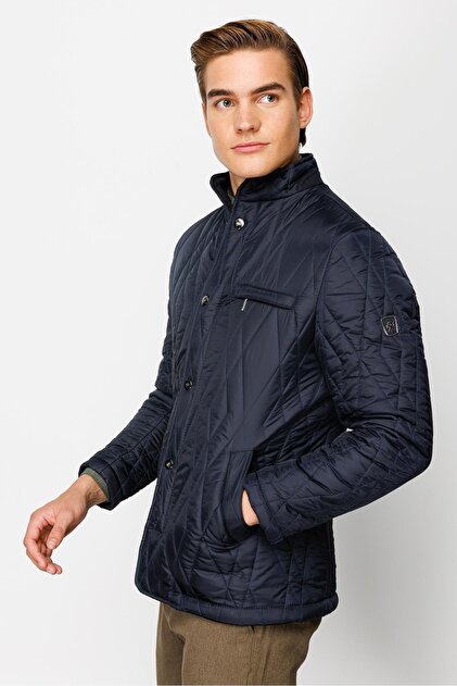 Navy Blue Standard Fit Stand Collar Quilted Pocket Flap Zipper & Snap Fastener Plain Long Sleeve Men's Coat